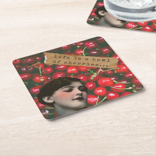 人生とは変わったさくらんぼのボウル スクエアペーパーコースター (アングル)