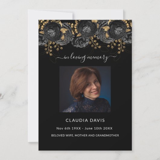 人生のお祝い葬儀の黒いフローラ写真 招待状 (正面)
