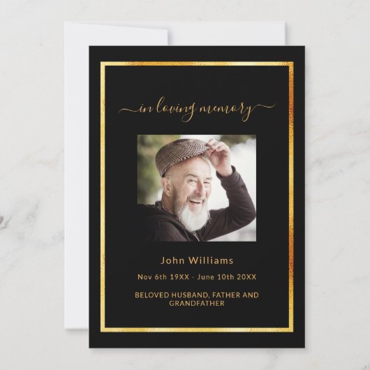 人生のお祝い葬儀の黒い金ゴールド写真 招待状 (裏面)