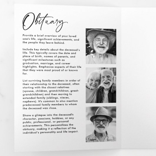 人生のお祝い10写真ブラック&ホワイト葬儀 三つ折りプログラム (内部最初)