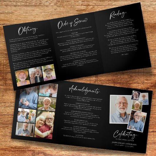 人生のお祝い14写真ブラック&ホワイト葬儀 三つ折りプログラム