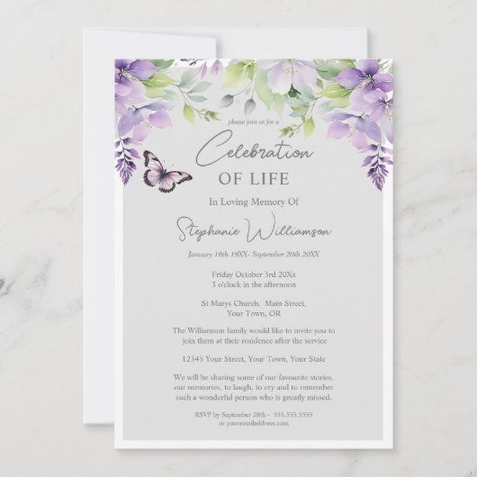 人生のお祝い4フォトパープルフローラ葬儀 招待状 (正面)