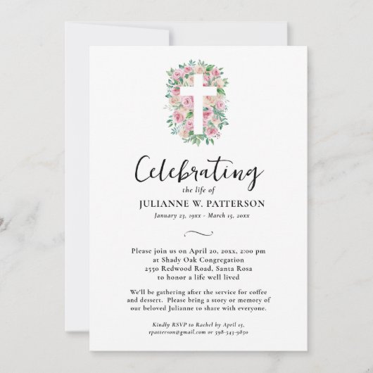 人生のお祝い,バラクロス，写真，葬儀 招待状 (正面)