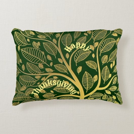 人生のエレガント金ゴールドツリー緑の幸せな感謝祭 アクセントクッション (正面)