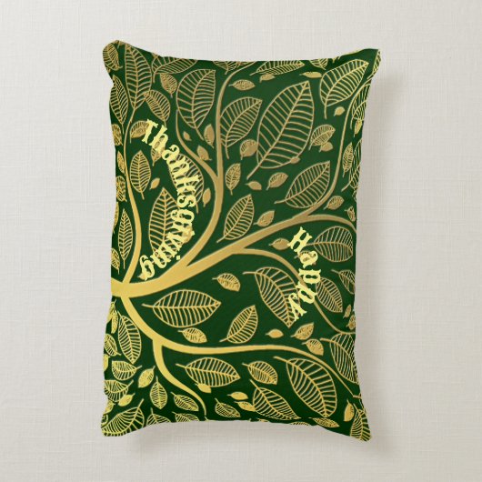 人生のエレガント金ゴールドツリー緑の幸せな感謝祭 アクセントクッション (裏面(縦))