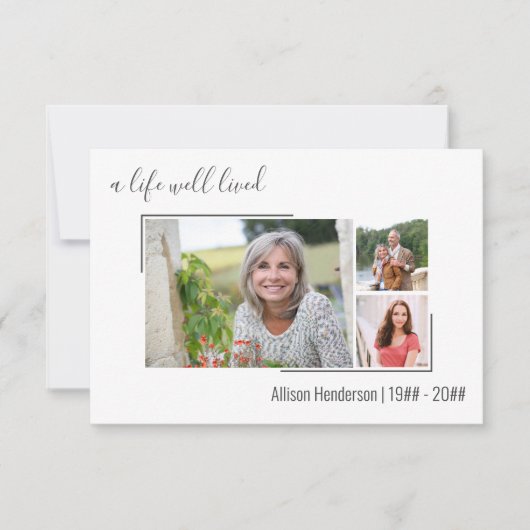 人生の良い生き方を分け縁どた三つの写真葬儀 サンキューカード (正面)