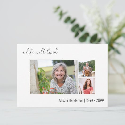 人生の良い生き方を分け縁どた三つの写真葬儀 サンキューカード (スタンド正面)