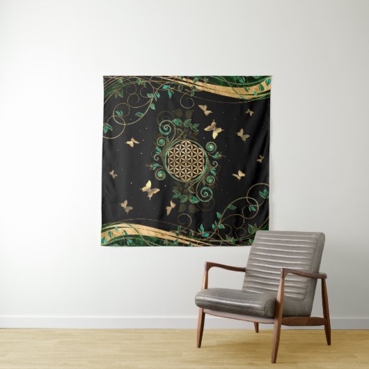 人生の花 – マラカイトの渦巻きと蝶 タペストリー (インサイチュ)