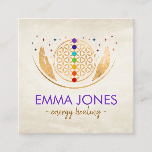 人生の花、癒しの手、チャクラ スクエア名刺 (正面)
