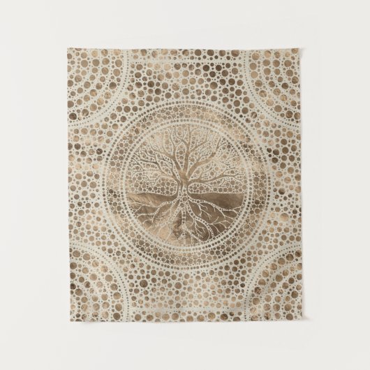 人生のYggdrasil-の点の芸術のパステルの金ゴールドの木 タペストリー (正面)