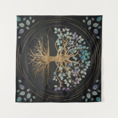 人生のYggdrasil -金ゴールド及び色彩の鮮やかな質の木 タペストリー (正面(横))