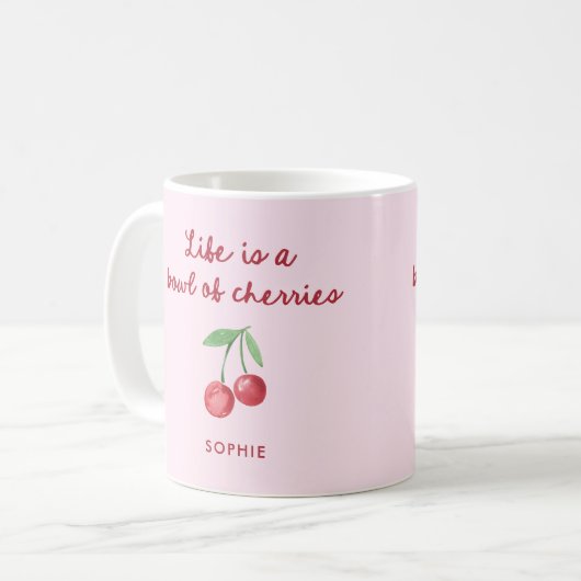 人生はさくらんぼ | ピンクとレトロのスクリプト コーヒーマグカップ (正面左)