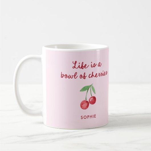 人生はさくらんぼ | ピンクとレトロのスクリプト コーヒーマグカップ (左)