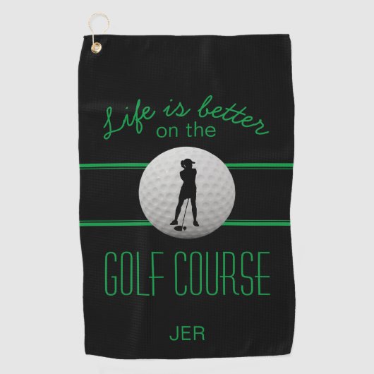人生はより良いゴルファーモノグラムのブラックグリーン ゴルフタオル (正面)