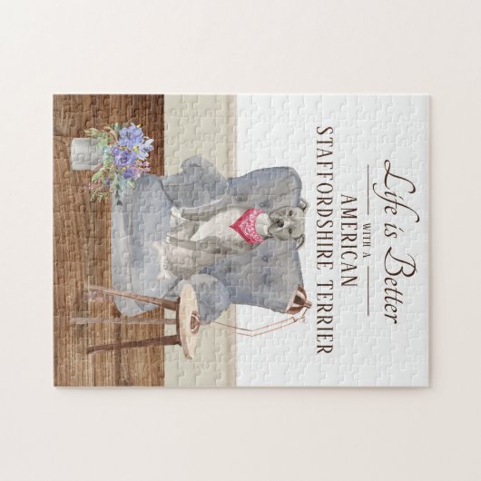 人生はアメリカのテリア(犬)スタッフォードだ ジグソーパズル (横)