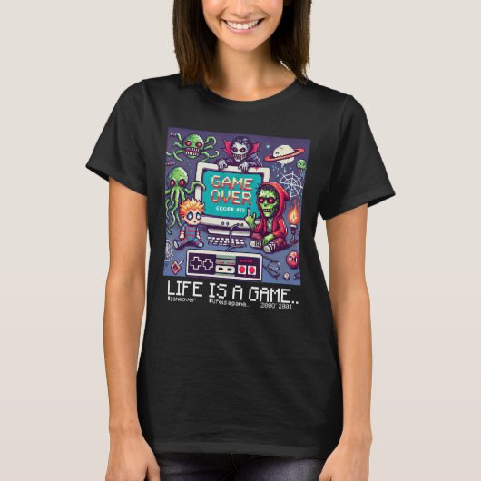 人生はゲームである…：ゲームオーバー（女の女性ゲーマー） Tシャツ (正面)