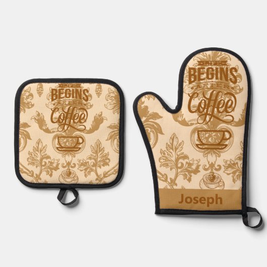 人生はコーヒーから始まる 鍋つかみ&鍋敷きセット (正面)