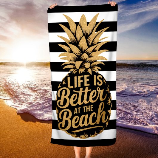 人生はパイナップルビーチでストライプ良い ビーチタオル