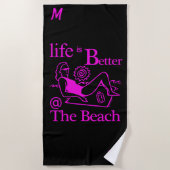 人生はビーチで良いホットピンクブラック ビーチタオル (正面)