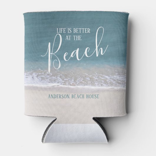 人生はビーチ |水と砂の写真 缶クーラー (正面)