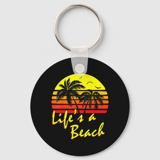 人生はビーチ 80年代の夏 ビーチ ヤシの木 夕日 キーホルダー (正面)
