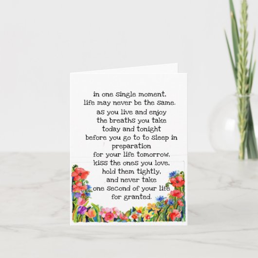 「人生は一瞬で変わる」+水色の花 サンキューカード (正面)