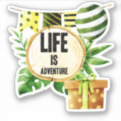 人生は冒険 – 緑と金ゴールドの自然パーティー シール (正面)