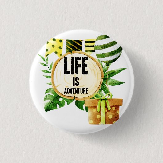 人生は冒険 – 緑と金ゴールドの自然パーティー 缶バッジ (正面)