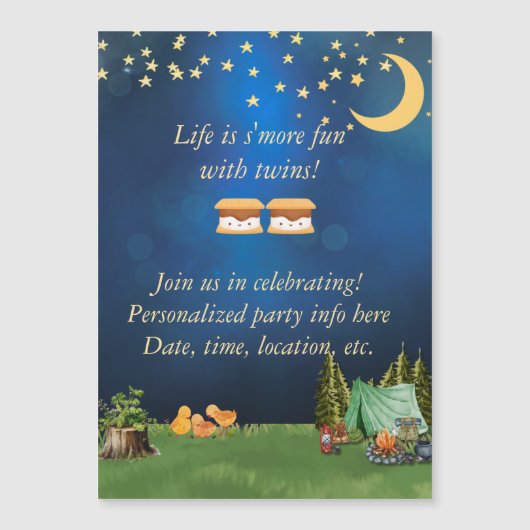 人生は双子の磁気招待状とS'moreおもしろい マグネット招待状 (正面)