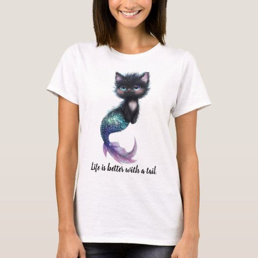 人生は尻尾で善い。人魚の尻付き猫 Tシャツ (正面)