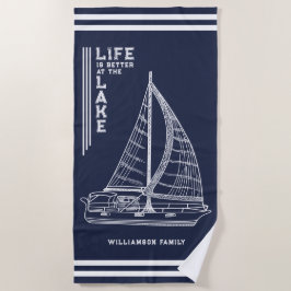 人生は湖の家族のネイビーブルーホワイトでより良い ビーチタオル