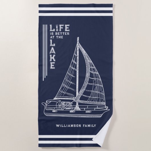 人生は湖の家族のネイビーブルーホワイトでより良い ビーチタオル (正面)