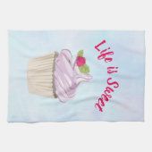 人生は甘いピンクのカップケーキ キッチンタオル (横)