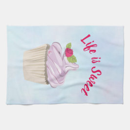 人生は甘いピンクのカップケーキ キッチンタオル