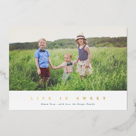 人生は甘いモダンユダヤ人の新年の写真のフォイル 箔シーズンカード (正面)