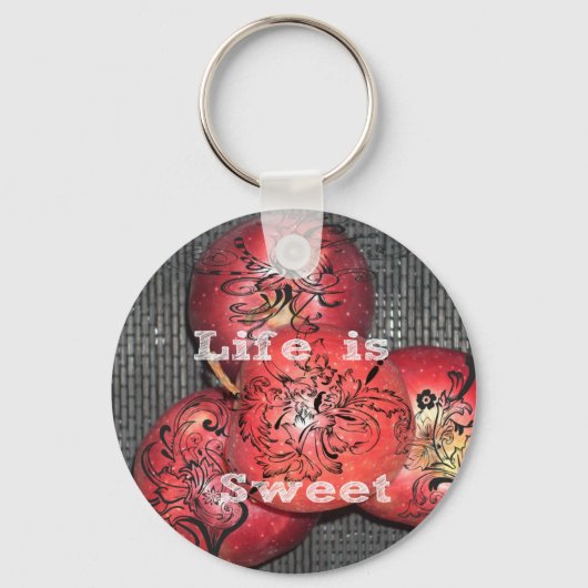 人生は甘い：アップルとフローラモチーフデザイン キーホルダー (正面)