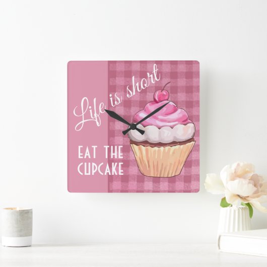 人生は短いカップケ食べーキピンクギンガム スクエア壁時計 (ホーム)