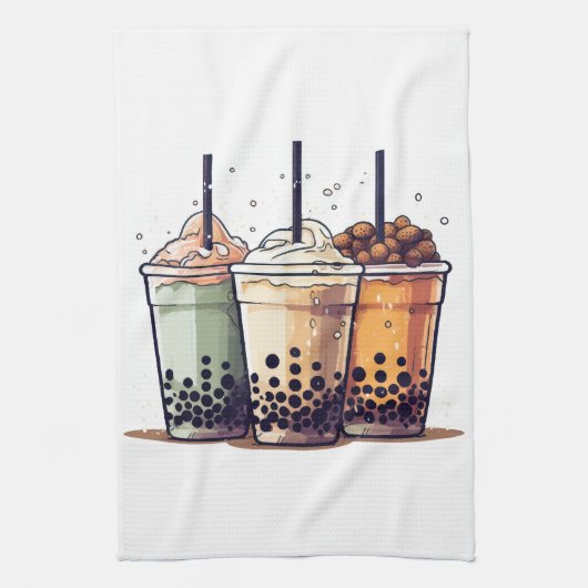 人生は短い、ボバを飲む キッチンタオル (縦)