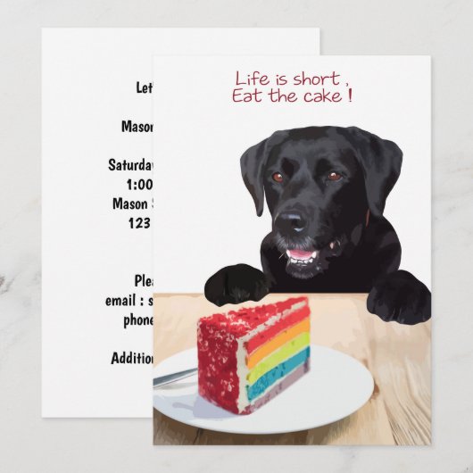 人生は短食べい、ケーキ – Black Lab 招待状 (正面/裏面)