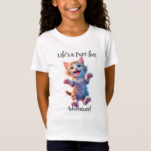 人生は純粋な冒険かわいい子飛んでいる猫 Tシャツ (正面)
