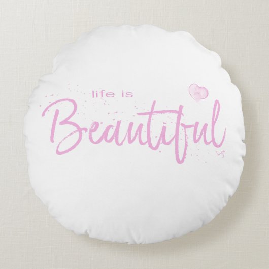 人生は美しい、引用文文字ピンク ラウンドクッション (正面)
