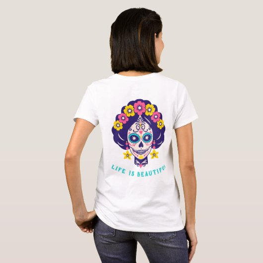 人生は美しい 花のスカルガール Tシャツ (裏面フル)