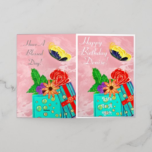 人生は贈り物ハッピーバースデー 箔グリーティングカード (外側レイダウン)