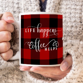 人生は起こるもの コーヒーは助けてくれる プレイド柄セントラルイニシャル コーヒーマグカップ