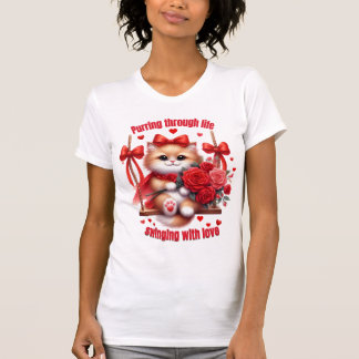 人生をゴロゴロと - かわいいバレンタインの子猫のブランコ Tシャツ