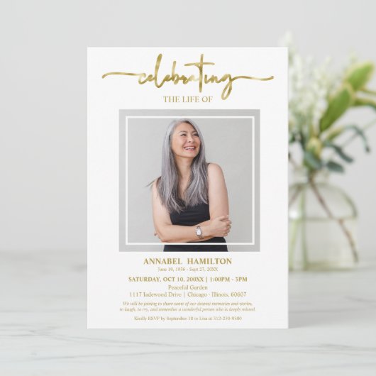 人生シンプルのエレガントお祝いの写真 招待状 (スタンド正面)