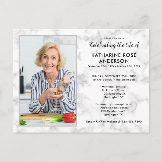 人生モダンの葬儀の大理石写真お祝い インビテーションポストカード (正面)