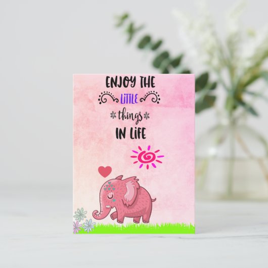 人生楽しむの小さなことタイポグラフィ引用文 ポストカード (スタンド正面)