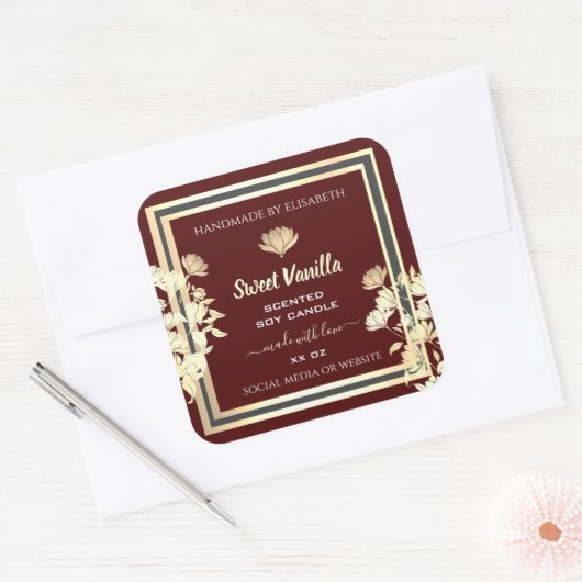 人目を引くフローラバーガンディ金ゴールド製品ラベル スクエアシール (封筒)