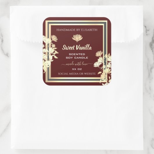 人目を引くフローラバーガンディ金ゴールド製品ラベル スクエアシール (バッグ)